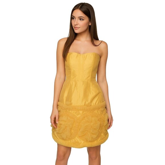 Badgley Mischka 4 Strapless Tulle Mini Dress Yellow Formal Prom Event Designer - Picture 3 of 14
